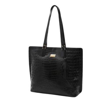 Imagem de Bolsa De Couro Legítimo Feminina Shopper Mariart Croco Preto, Preto, C