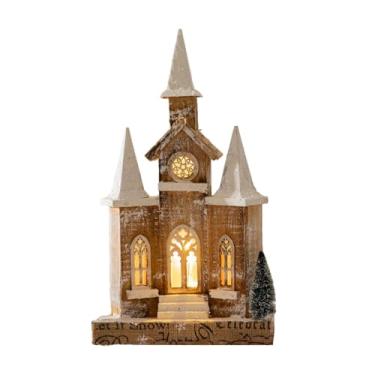 Imagem de Garende Enfeite de mesa em miniatura para igreja iluminada de madeira de Natal, 17,3 x 10 polegadas, para mesa de jantar, lareira
