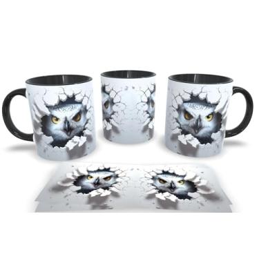 Imagem de Caneca Preta de Porcelana Personalizadas Arte Espelhada em 3D Animais (Coruja 4)