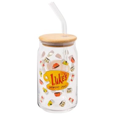 Imagem de Silver Buffalo Copo de vidro Gilmore Girls Luke's Diner Logo com tampa de bambu e canudo de vidro, 473 ml