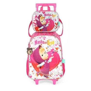 Imagem de kit Mochila Carrinho Luxcel+Lancheira Masha E Urso Pink Ic40942mu