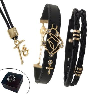 Imagem de Pulseira Feminina Couro N Sra Aparecida Kit C /2 + Colar Fé - Granado 