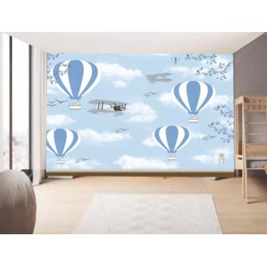 Imagem de Papel de Parede Infantil Balão e Avião fundo Azul  (folha med. 90x300 