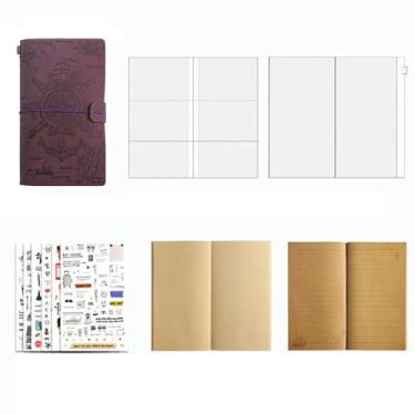 Imagem de Caderno de planejamento de viagem retrô, papel kraft de folhas soltas minimalista diário de notas de estudante - caderno HH-01 - roxo + 6 adesivos de viagem