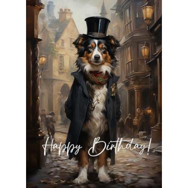Imagem de PIXILUV Cartão de felicitações Happy BIRTHDAY ~ Cachorro bonito engraçado em uma cartola chique e trench coat ~ Cartão de saudações de aniversário grande estilo vintage