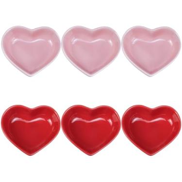 Imagem de Prato de cerâmica multiuso em forma de coração, pratos de tempero, tigela de molho de sushi, pratos de aperitivo, prato de servir, pires, tigela (conjunto de 6), vermelho e rosa