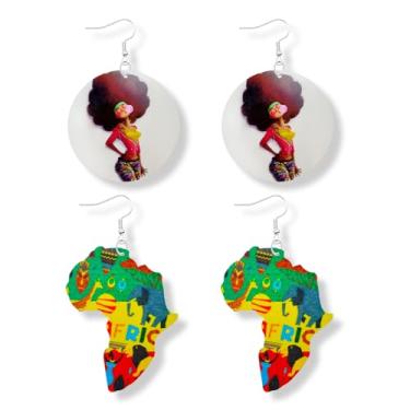 Imagem de MAQVQLU Brincos africanos femininos com mapa de madeira pintados brincos pendentes para meninas negras brincos de mês de história negra, Metal, Sem pedra preciosa