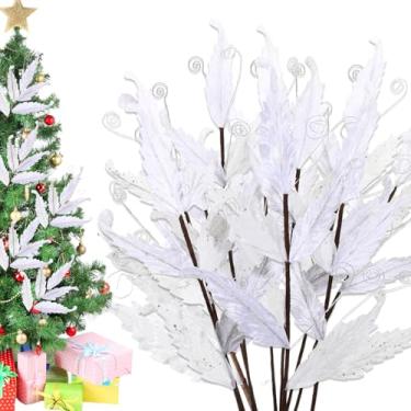 Imagem de HyDren 10 peças de 68,5 cm de folhas de glitter de Natal grandes ornamentos para palitos de árvore de Natal, sprays, galhos, ramos, florais, para árvore de Natal, guirlanda, vaso DIY (branco)