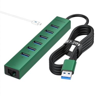 Imagem de Hub USB 3.0 de 7 portas, hub USB para rede com cabo de 1,2 m de comprimento para laptop, divisor USB com porta Gigabit Ethernet e porta de alimentação 5V/3A, hub de alumínio multiportas para iMac, PC