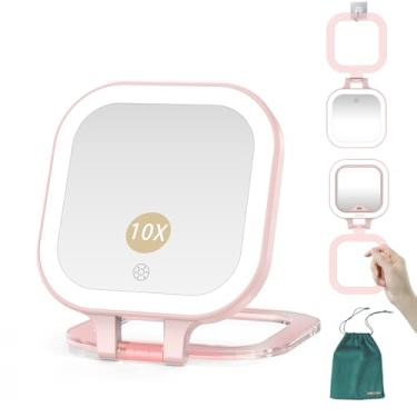 Imagem de Mocado Espelho compacto de maquiagem para viagem, espelho de ampliação 1X/10X com luz, espelho compacto de dois lados com luz de 3 cores, espelho portátil regulável, carregador de viagem para bolsa