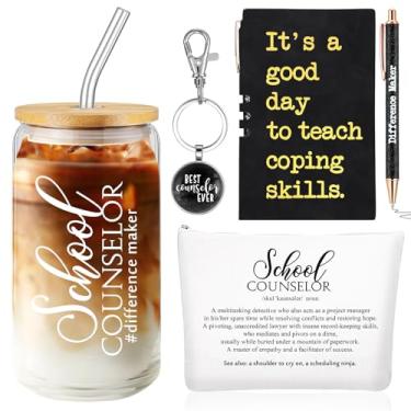 Imagem de Sunnychic 5 peças presentes de agradecimento ao conselheiro escolar incluem copos de vidro de 473 ml, bolsa de maquiagem, caneta esferográfica de couro, chaveiro Best Counselor Ever presente de