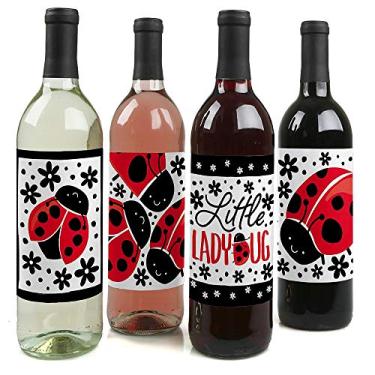 Imagem de Big Dot of Happiness - Happy Little Ladybug - Decorações de chá de bebê ou festa de aniversário para mulheres e homens - Adesivos de etiqueta de garrafa de vinho - Conjunto de 4