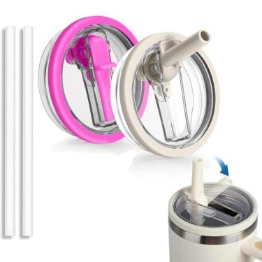 Imagem de 2 peças de copo de substituição de 1,134 g para Stanley Quencher e Traveler, tampas de canudo à prova de derramamento, resistente a respingos, reutilizável, tampa de copo com canudo (2 peças bege e