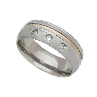 Imagem de Par de Alianças de Compromisso - Aço Inox 7mm - Com Pedras e Filete de