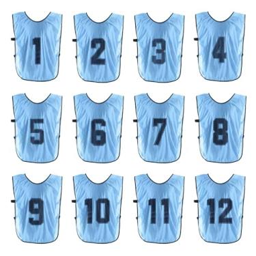 Imagem de PATIKIL Colete de treinamento de futebol, pacote com 12 pinnies esportivos de equipe, reversível, numerado, pennies, camisolas, babadores com cinto para adultos, 71 cm, azul claro, Azul claro, 28"