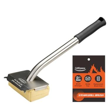 Imagem de Escova de churrasqueira, sem cerdas, a vapor, para churrasqueira ao ar livre, para churrasco, segura para grelhas de ferro fundido, escova de limpeza de grelha com almofadas de substituição, limpador