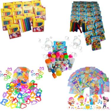 Imagem de Kit 10 Massinha Modelar + 10 Bolha Sabão + 10 Giz Cera + 20 Cortador + 10 Colorir Lembrancinha Infantil