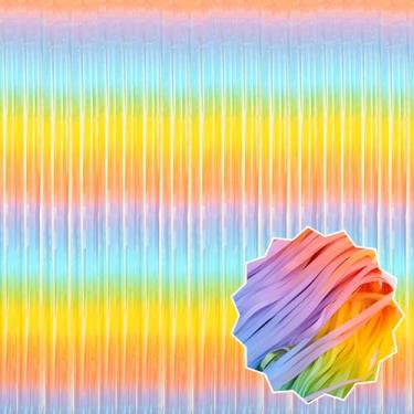 Imagem de Pacote com 6 cortinas de fundo de franja arco-íris claras, 9 x 1,6 m, decorações de festa, cortinas metálicas para cabine de fotos, Halloween, Natal, aniversário, celebração, evento e decoração de