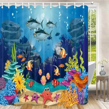 Imagem de Cortinas de chuveiro azuis sob o mar, decoração de banheira para casa, tartaruga tropical, conjunto de cortinas de banheiro infantil com ganchos, 80388J, 90 x 180 cm, 35 x 70 pol.