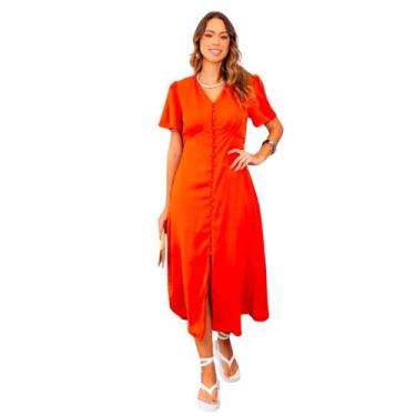 Imagem de Vestido midi feminino botões liso com fenda frontal com forro elegante
