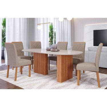 Imagem de Sala De Jantar Completa Ester Tampo Madeirado Oval c- Vidro 210x100cm E 6 Cadeiras Fernanda Cinamomo-off White - Nature-madeirado-linho Be - Cimol
