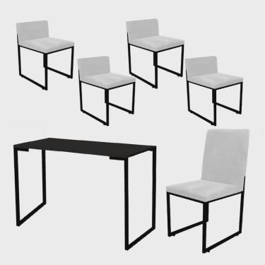 Imagem de Kit Mesa Escrivaninha com Cadeira Stan e 4 Poltronas Lee Tampo Preto Ferro Preto Corino Branco - Ahz Móveis