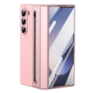 Imagem de POYUFRG Capa galvanizada para Samsung Galaxy Z Fold 6, capa de couro executiva de luxo com suporte S-Pen e capa de proteção de dobradiça com tudo incluído, rosa, Z Fold 6