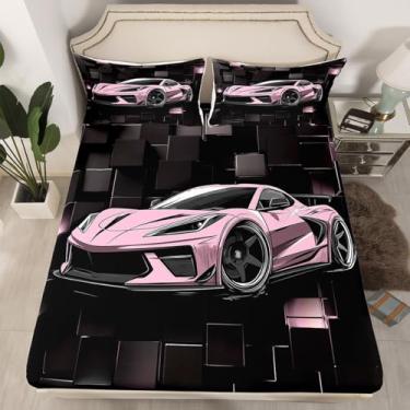 Imagem de Erosebridal Jogo de lençol solteiro para meninas, carro de corrida, rosa, 2 peças, rosa e preto, geométrico abstrato, lençol com elástico, decoração de casa