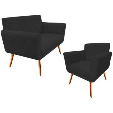 Imagem de Kit Namoradeira + 1 Poltrona Decorativa Sabrina Suede Preto Pés Madeir
