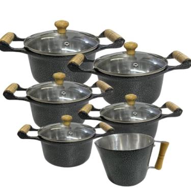 Imagem de Jogo de Panelas Preta em Alumínio Batido Fundido 6 Peças Craquelada Grossa com Tampa de Vidro