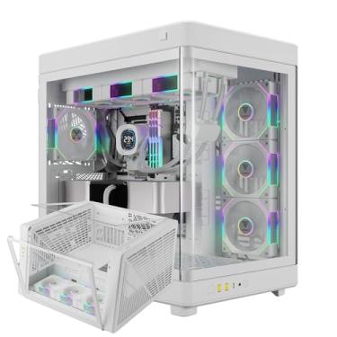 Imagem de Gamdias Capa para jogos de vidro temperado branco RGB, suporte bidirecional para orientação vertical e horizontal e capa de computador aberta com um toque com 3 ventiladores ARGB embutidos, suporte