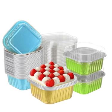 Imagem de AiQiaoXin 100 Mini Forminhas Quadradas Para Assar Com Tampa, Formas De Bolo Alumínio Descartáveis Em Formato Ramequins, Sobremesa E Cupcakes Festas Aniversário Casamento