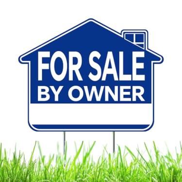 Imagem de Placa para venda pelo proprietário com estacas – Placa de jardim dupla face azul de 43 cm x 33 cm – Placa FSBO de plástico ondulado durável para casa ou propriedade – Opções de embalagem única ou a