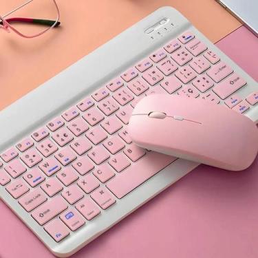 Imagem de Kit Teclado e Mouse Rosa Sem Fio Bluetooth 78 Teclas ABNT1 Design Slim