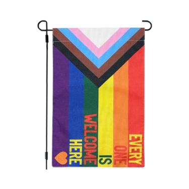 Imagem de Flagolden Todos são bem-vindos aqui bandeira de jardim 30,5 x 45,7 cm, cores vivas progresso orgulho todos bandeira arco-íris para jardim exterior, bandeiras LGBTQ gay tudo incluído