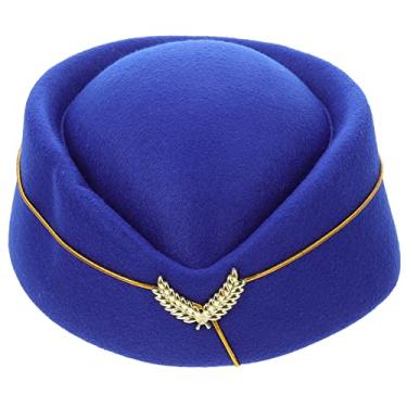 Imagem de NUOBESTY Chapéu vintage de boina de aeromoça britânica, boné de comissária de bordo de feltro, acessórios de cosplay para decoração feminina (azul)