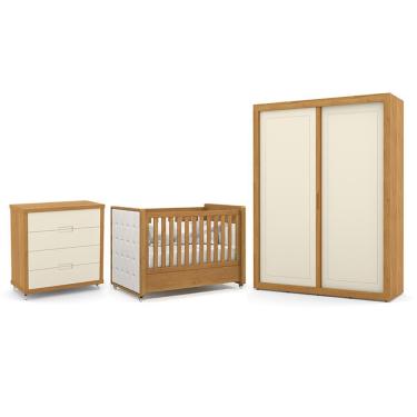 Imagem de Dormitório Tutto New 2 Portas, Cômoda 4 Gavetas e Berço com Capitonê - Matic Móveis Freijó/Off White