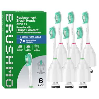 Imagem de Brushmo e-Series Cabeças de escova de dentes de substituição Total Clean, compatíveis com alças de escova de dentes elétrica Philips Sonicare, 6 cabeças padrão, cerdas Dupont firmes médias, BM726-bg