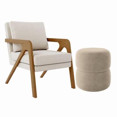 Imagem de Kit Poltrona E Puff Decorativo Escritório Sala Recepção Aira linho Bege