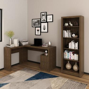 Imagem de Conjunto Home Office 2 Peças 1 Mesa Para Escritório Em L Com 1 Estante Espresso Móveis Nogal