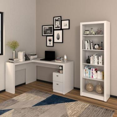 Imagem de Conjunto Home Office 2 Peças 1 Mesa Para Escritório Em L Com 1 Estante Espresso Móveis Branco