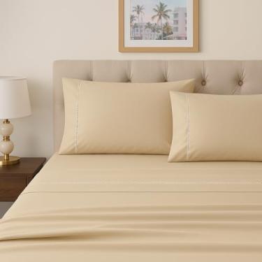 Imagem de Jogo de Lençol King 4 Peças 100% Algodão Egípcio 300 Fios – Fronhas e Lençol de Cima com Ponto Palito – Toque Macio e Conforto Premium (Bege)
