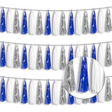 Imagem de Xuuf Guirlanda De Faixa Com Franjas Metálicas 3P, Serpentina Enfeites Parede, Cortina Fundo Para Carros Alegóricos, Decorações Formatura, Festas Aposentadoria (Azul-Marinho, Branco E Prata)