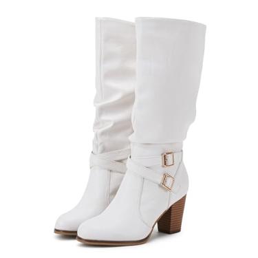 Imagem de Ermonn Botas femininas de cano médio, cano alto, salto grosso, fivela de metal despojado, zíper lateral, moda inverno, Branco, 35