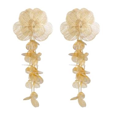 Imagem de Brincos de flor dourados, brincos de borla de folha de ginkgo biloba, brincos grandes de metal, brincos boêmios, pétalas em camadas, joia floral para mulheres, Large, Zinco, Liga metálica.