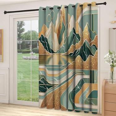 Imagem de Divisória de parede de cortina divisória de quarto boho moderna de meados do século, formato geométrico de montanhas nubladas inspiradas em paisagens, adequada para portas de vidro deslizantes,