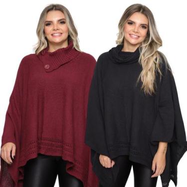 Imagem de Kit 2 Poncho Feminino Tricot Liso Gola Alta Casaco Lã Inverno - Rosile