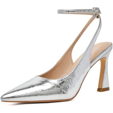 Imagem de Susanny Slingback bico fechado tira no tornozelo salto alto bico fino vestido confortável stiletto sexy fivela tiras sapatos elegantes para casamento festa nupcial trabalho, Prata, 38