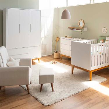 Imagem de Kit Quarto Infantil Theo com Pés Square Mel - Berço + Cômoda 6 Gavetas + Guarda-Roupa 3 Portas +Poltrona de Amamentação Lola com Puff - Branco
