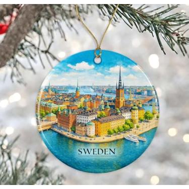 Imagem de Enfeite de aquarela da Suécia - Lembrança de Natal de cerâmica - Aniversário de lua de mel - Lembrança de viagem - Presente de inauguração de casa - Presente para amantes da Suécia impresso em ambos